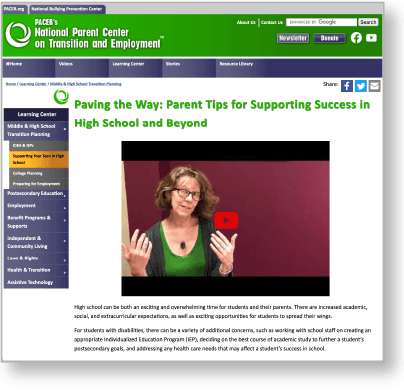PACER Center website, Paving the Way: Parent Tips for Supporting Success in High School and Beyond page