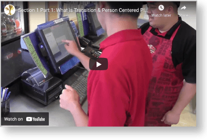 A screen shot of the PACER Center's video "What is Transition and Person Centered Planning" video. Features an image of two people working at a cash register.