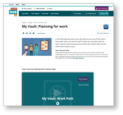 Disability Hub MN's My Vault: Planning for work webpage