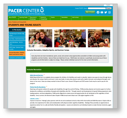 PACER Center list of inclusive recreation webpage