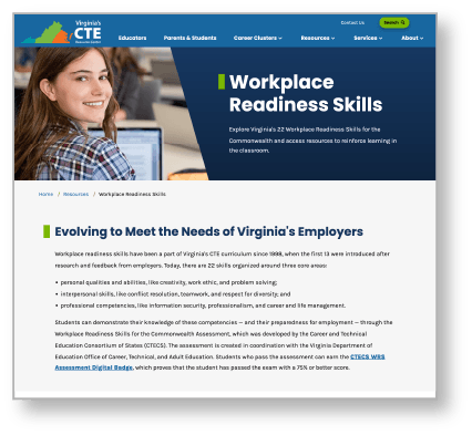 Virginia CTE Resource Center's Workplace Readiness Skills webpage
