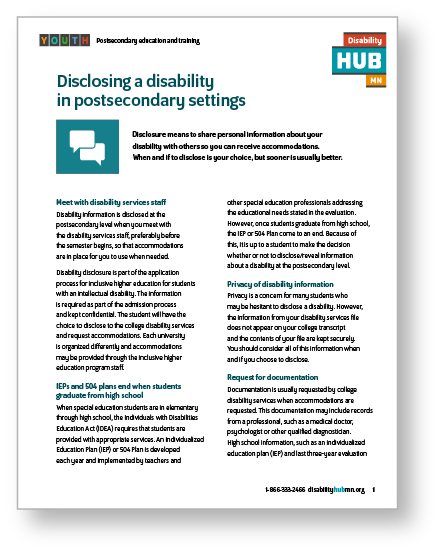 First page of the Disclosing a disability in postsecondary settings guide