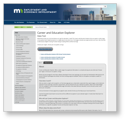 The Minnesota Department of Employment and Economic Development's Career and Education Explorer webpage
