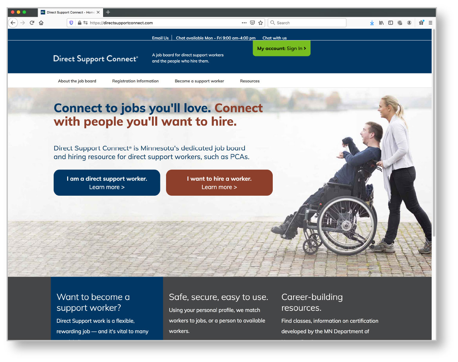 A screenshot of the home page of the Direct Support Connect web page.