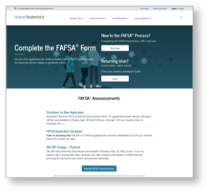 The Federal Student Aid's FAFSA webpage