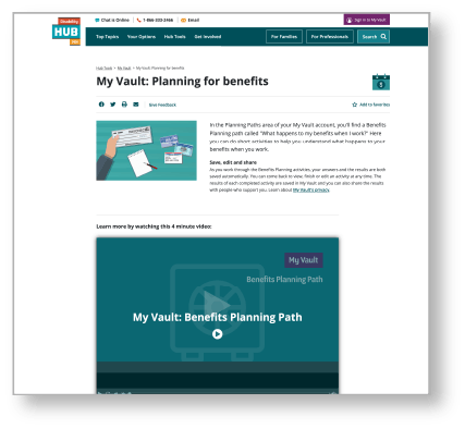 Disability Hub MN's Hub tools, My Vault Planning for benefits webpage