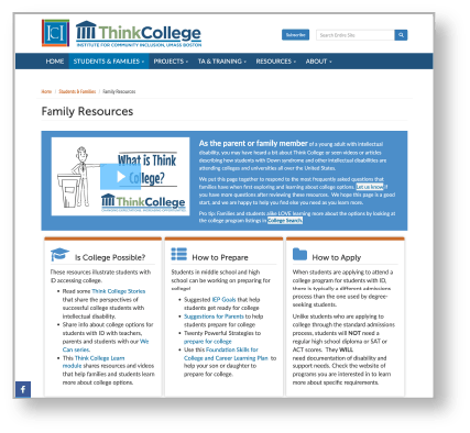 Think College's Family Resources webpage