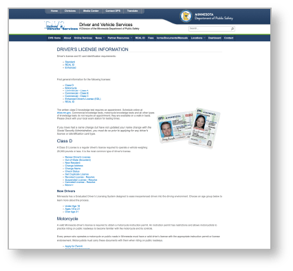 Minnesota Department of Public Safety Driver’s license information webpage