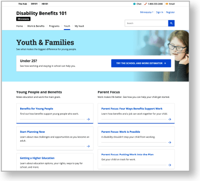 Screenshot of the DB101 website, Youth & Families landing page.