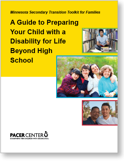 Cover of the Minnesota Secondary Transition Toolkit for Families featuring pictures of high school students with books, and with their friends and teachers.