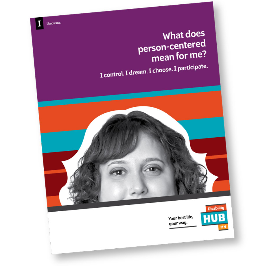 The cover of the person-centered guidebook. On the cover, a woman is smiling at the camera. We see her eyes and nose, but the image cuts before her mouth.