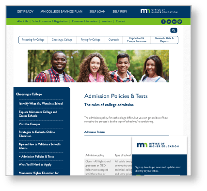 The Minnesota Office of Higher Education's Admission Policies & Tests webpage
