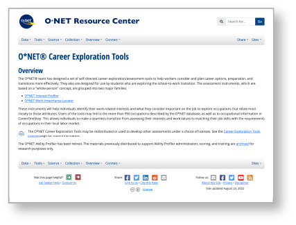 O*NET Resource Center's Career Exploration Tools webpage