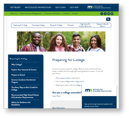 The Minnesota Office of Higher Education's Preparing for College webpage