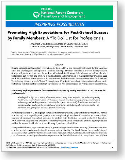 Cover image of an informational paper created by the PACER Center called, "Promoting High Expectation for Post-School Success by Family Members: A 'To Do' List for Professionals".