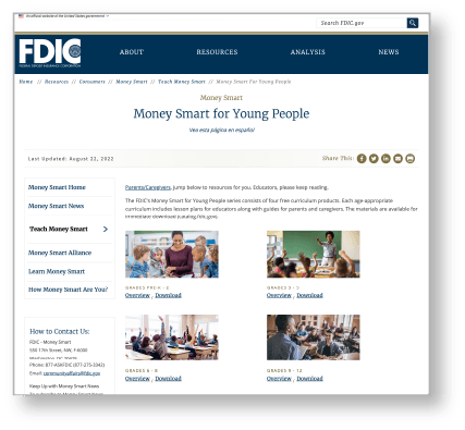 Federal Deposit Insurance Corporation (FDIC) webpage