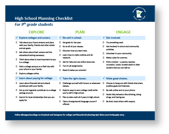First page of the High School Planning Checklist
