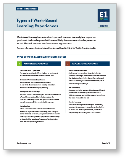 First page of the Types of Work-based Learning Experiences guide