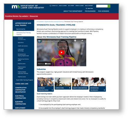 The Minnesota Department of Labor and Industry's Minnesota Dual-Training pipeline webpage