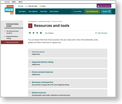Screenshot of the Disability Hub MN website, Informed Choice Toolkit, Resources and tools page.