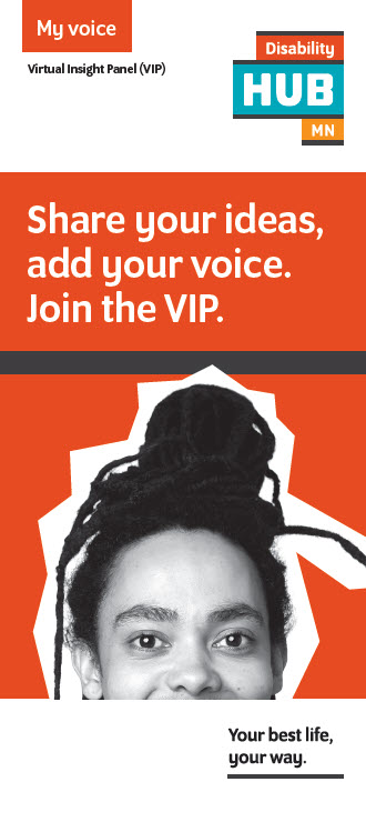 VIP kiosk card showing top half of a smiling woman face and Share your ideas, add your voice. Join the VIP quote