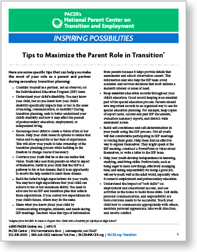 PACER Center worksheet cover page: "Tips to Maximize the Parent Role in Transition".