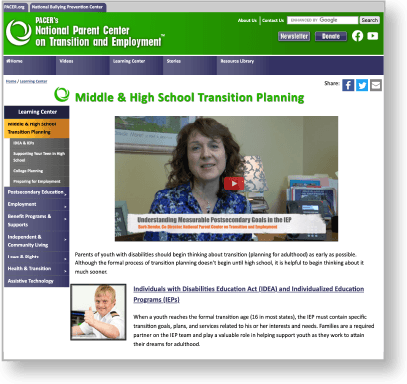 Screenshot of the PACER Center's website, Middle and High School Transition Planning page.
